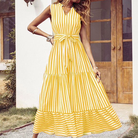 Dresses & Skirts - New Striped Notched Neck Ruffle Hem Belted Dress yellow